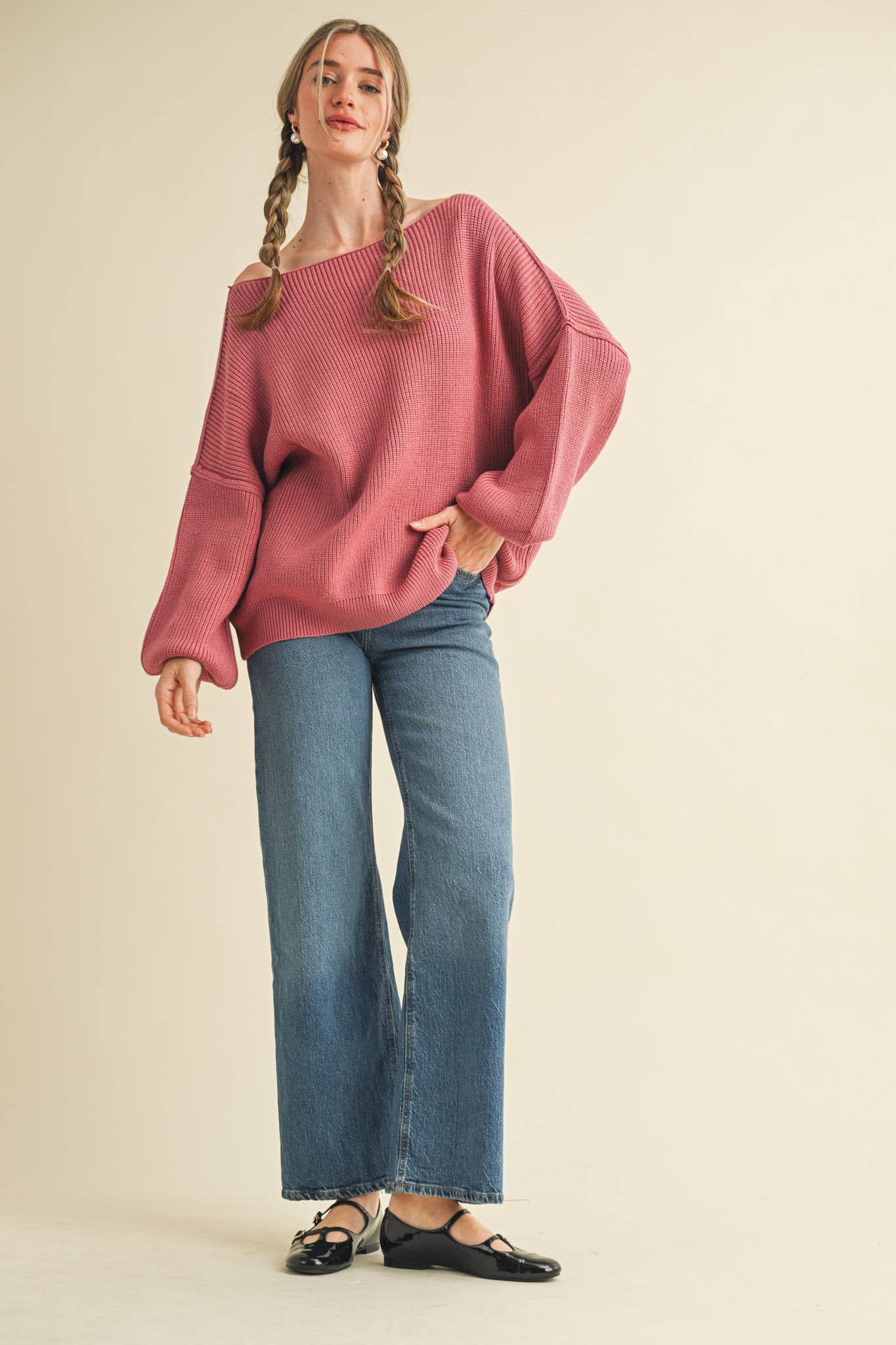 &MERCI - Wholesale Knit Sweater - Women's - BOAT NECK BUBBLE SLEEVE SWEATER MSW814760