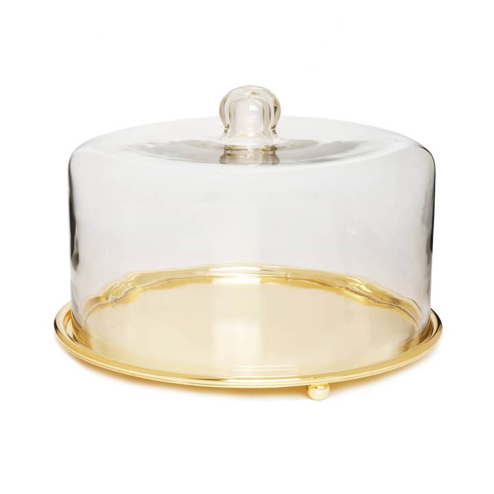 Assiette à gâteau en or martelé avec dôme en verre pour la vente par CLASSIC TOUCH DECOR INC.