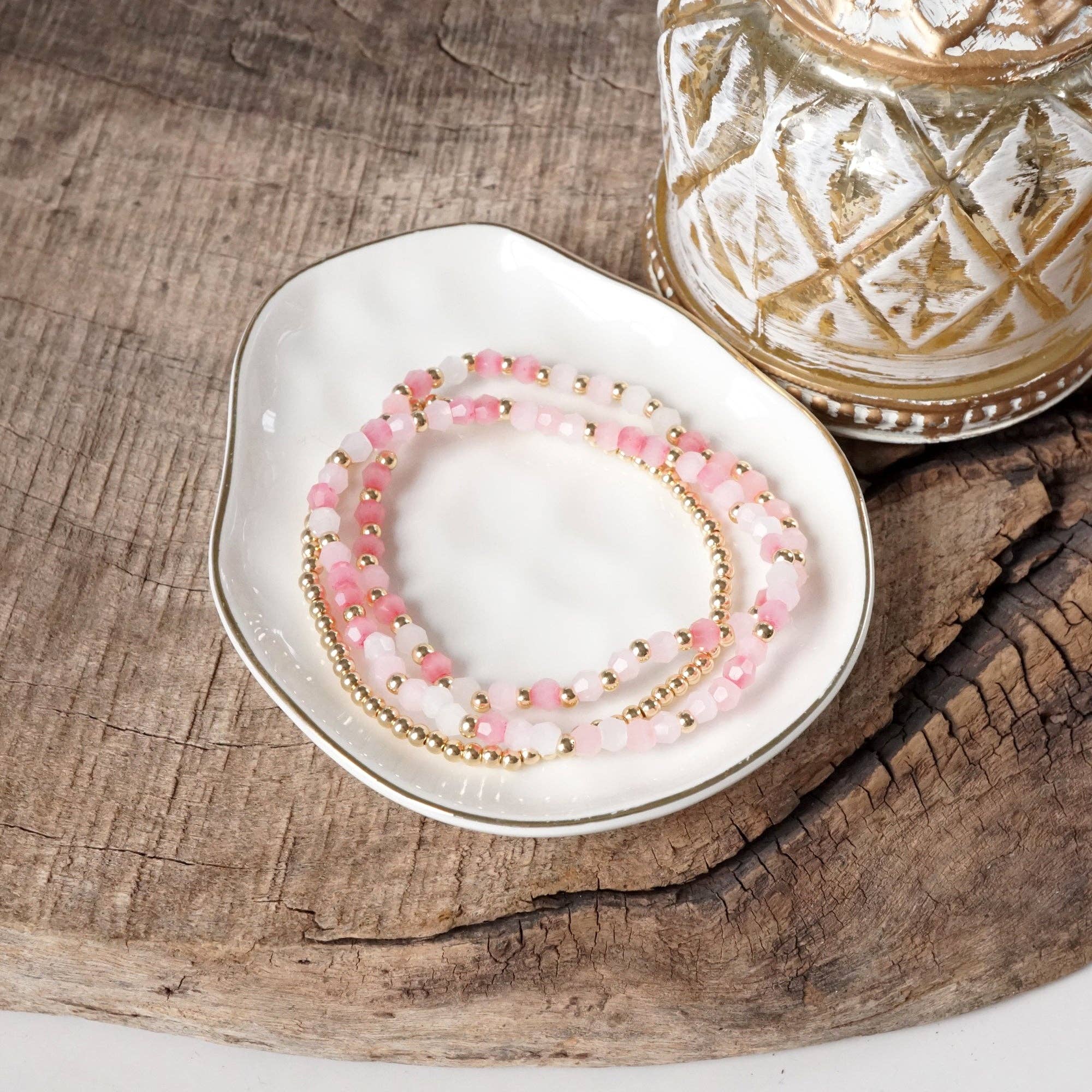 PennyLine inc - Wholesale Beaded Bracelet - Small Gold tone and Glass beads bracelet stack of 3 bracelets - Pink Mint Multi5