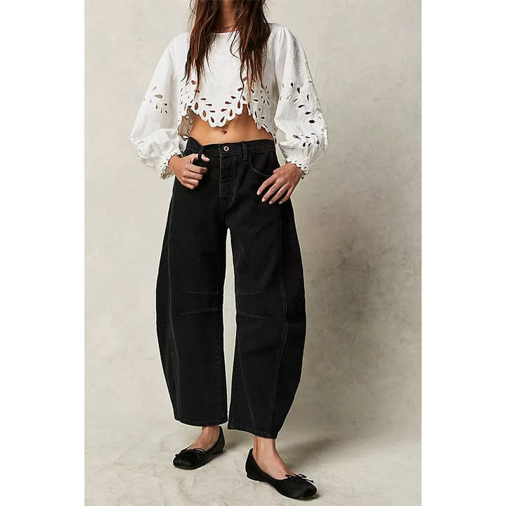 Paperdoll - Wholesale Jeans - Women's - Casual Wide Leg Loose Mid Low Waist Washed Denim
