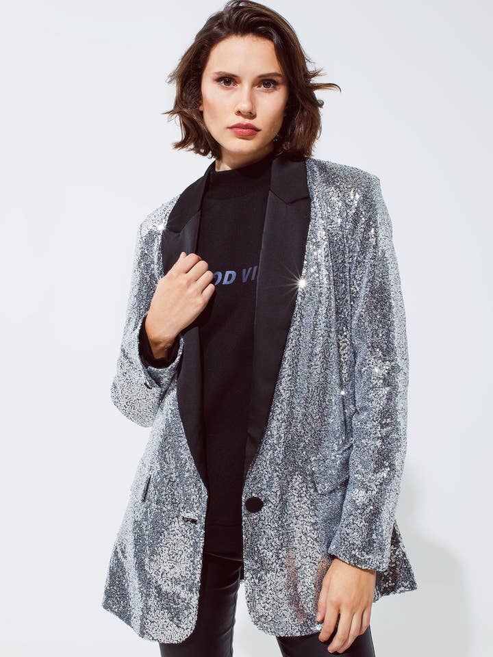 Silver Silver Sequin smokingkavaj med satinsvarta kavajer för wholesale på Faire