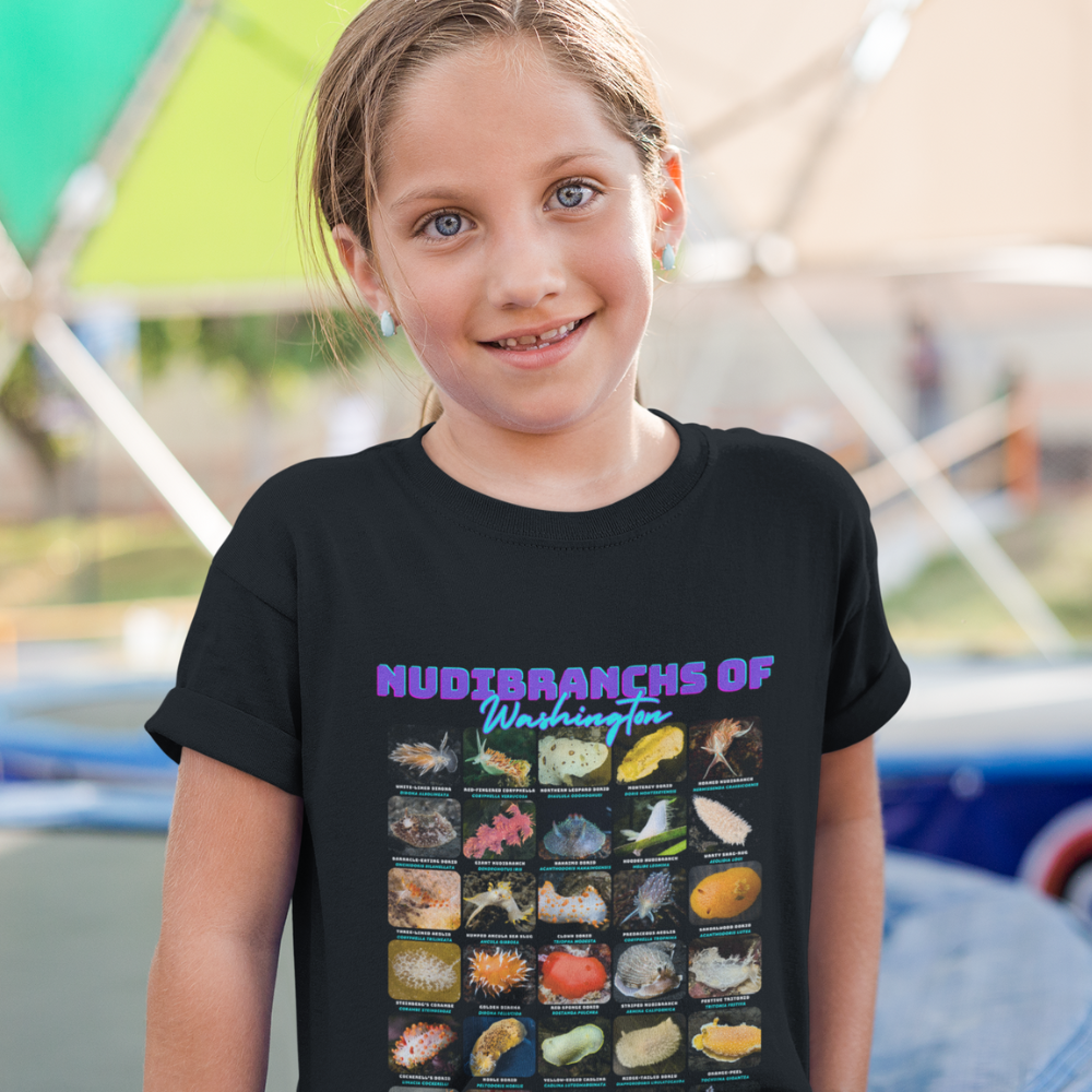 I LOVE NUDIS - Wholesale Screen Printed T-Shirt - Kids - I LOVE NUDIS™ Nudibranchs of Washington Black Kids Softstyle Tee with Photos & Common/Scientific Names4