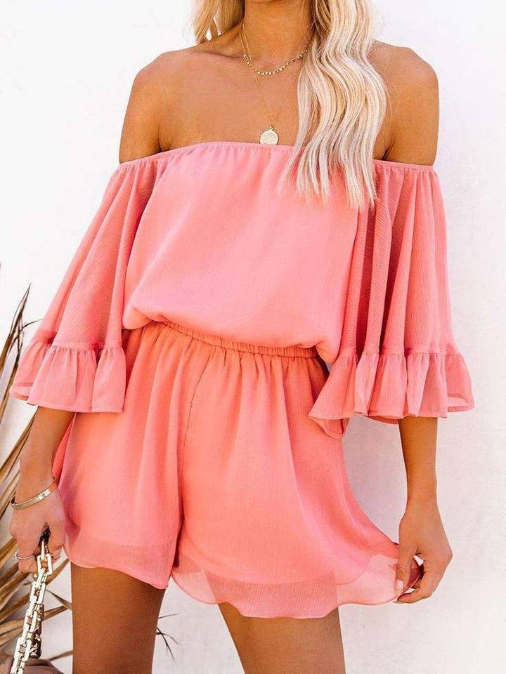 tutina in chiffon con volant e spalle scoperte per la vendita all'ingrosso da parte di Queen Fashion