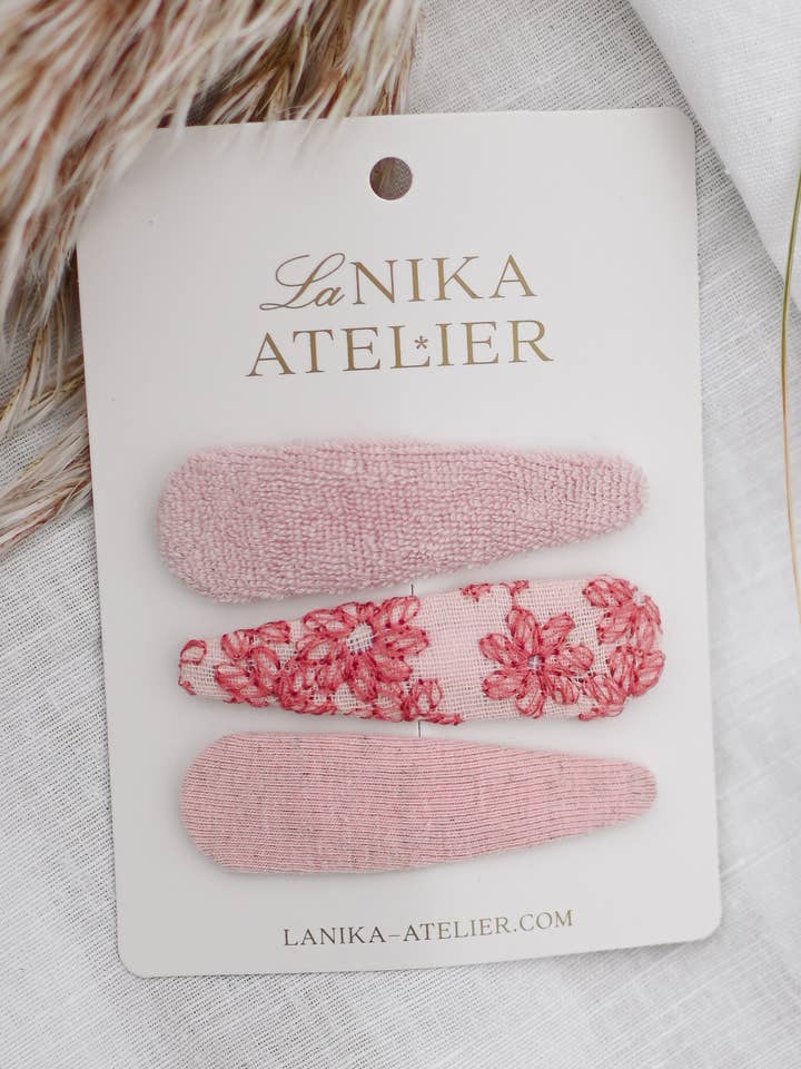 Hair clips pink trio: floral, fluffy and jersey soft fabric for wholesale by Lanika Atelier, Nika Korošec s.p.