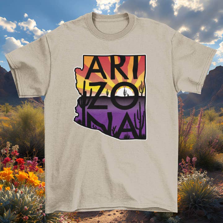 Desert Sunset Arizona State Map T-Shirt for wholesale by Eyeconic Prints