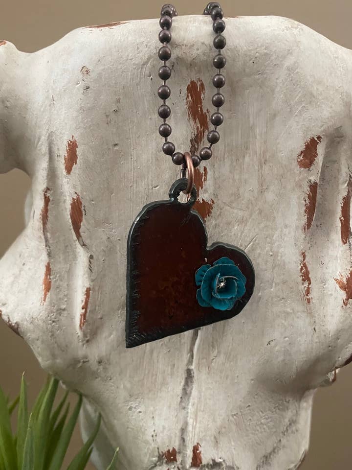 Rustic Solid HEART Necklace with a turquoise painted flower for wholesale by The Rustic Barn