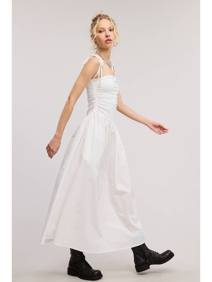 Mimosa - Wholesale Dress - Women's - Ruched Bodice Flared Midi Dress with Ribbon Straps