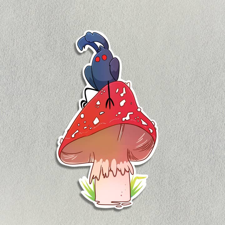 Sticker Mothman assis sur un champignon pour la vente par Salt Birch