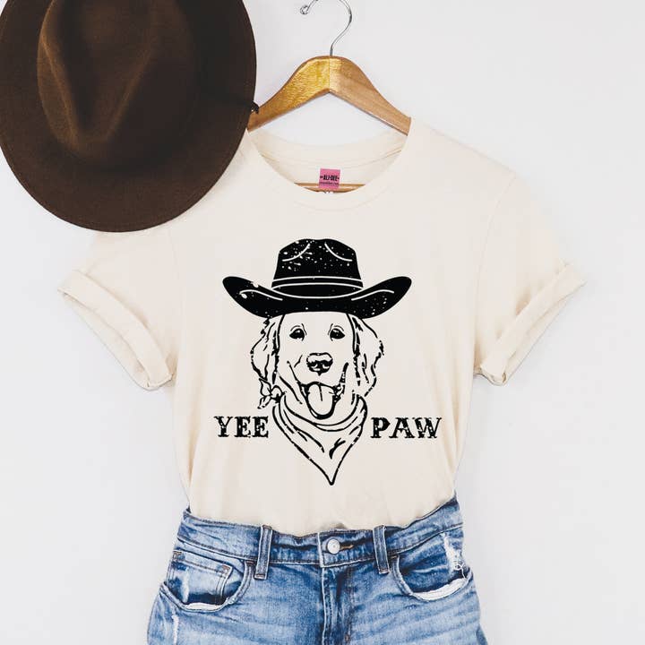 Ali Dee - Wholesale Screen Printed T-Shirt - Women's - Yee Paw Western Graphic Cute Dog Tee - Vintage White