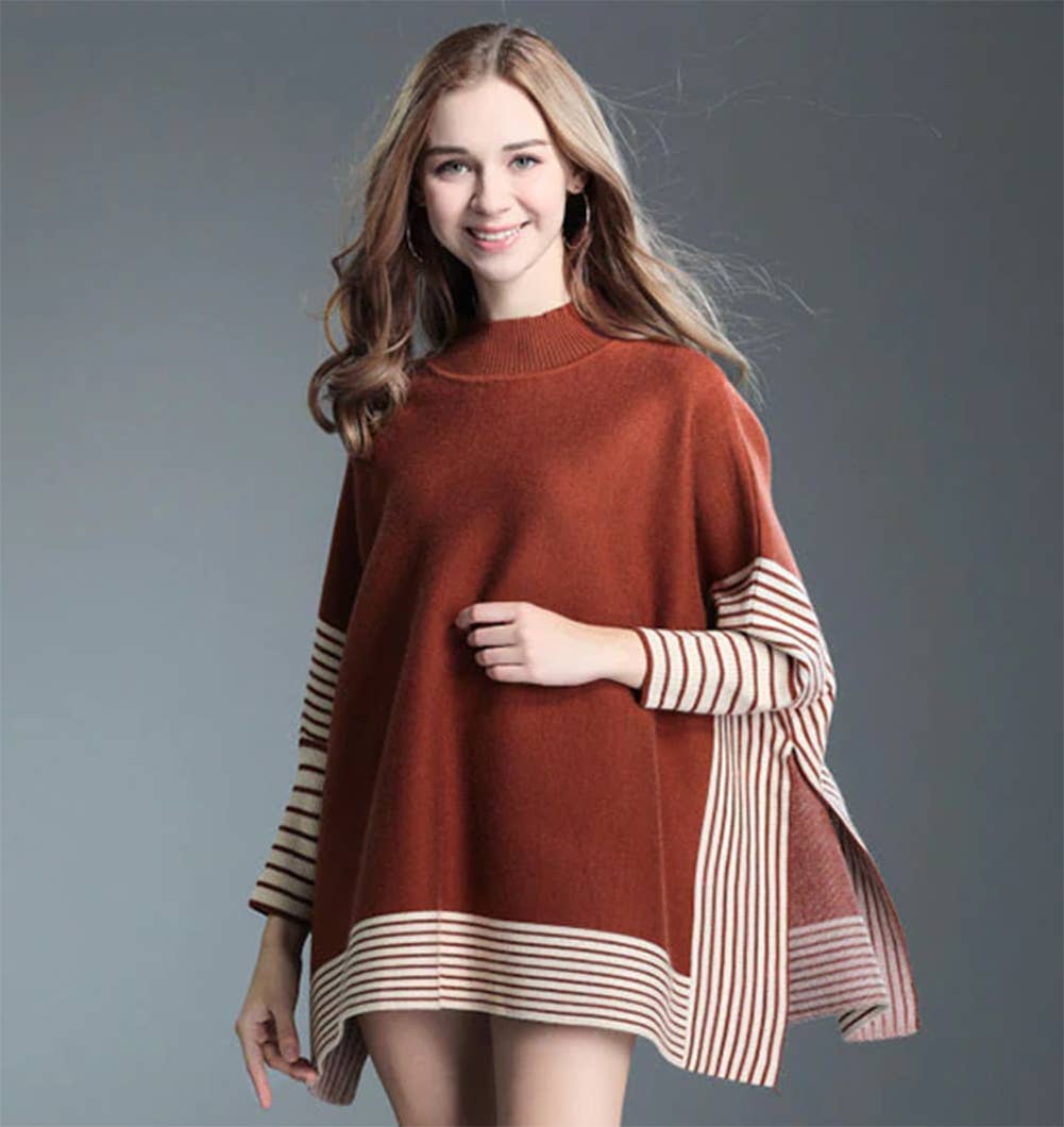 Fennco Styles – wholesale Poncho - Dam – Randig stickad pullover med fladdermusärm poncho-tröja8
