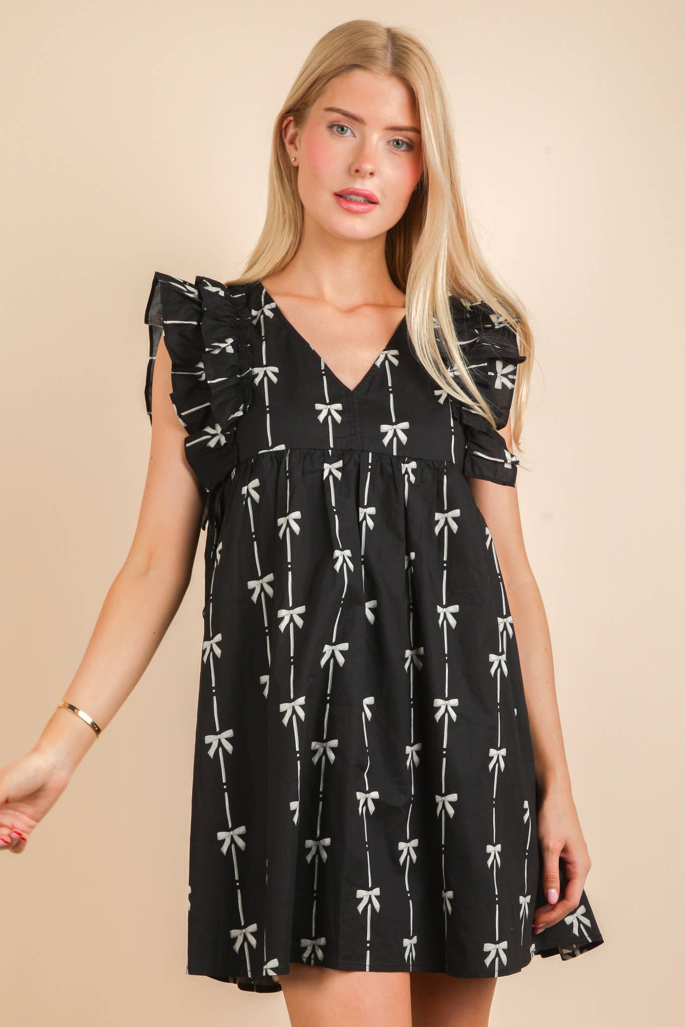 VERY J - Wholesale Dress - Women's - ND31668-Bow Printed Sleeveless Mini Dress2