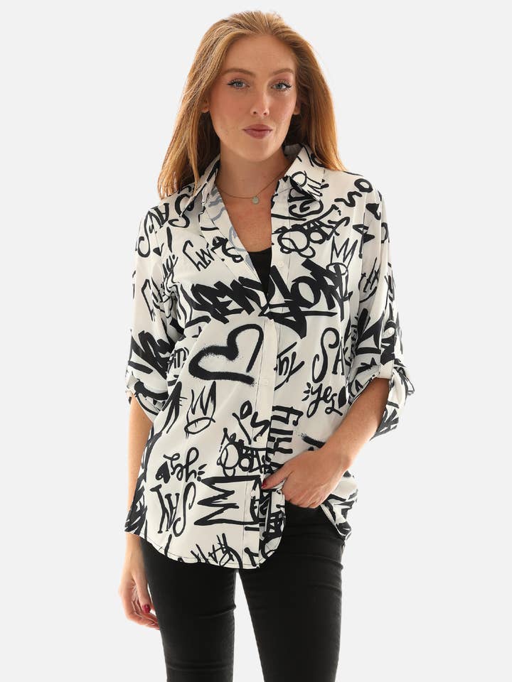 Women's Graffiti Print Shirt for wholesale by Shoreline Wear. INC