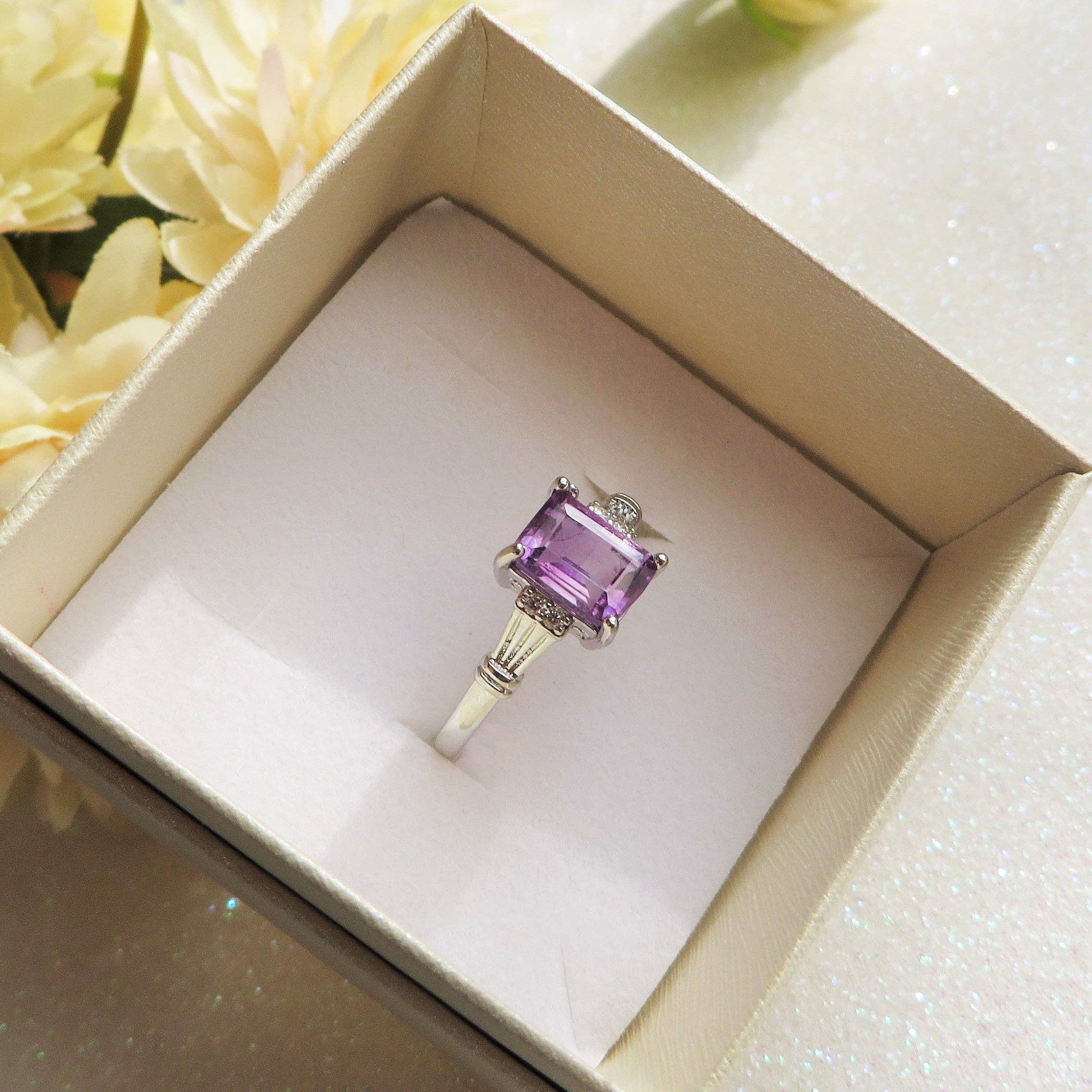 SHIVA ~ Adjustable ring in natural rectangular cut Amethyst with cubic zirconia for wholesale on Faire1