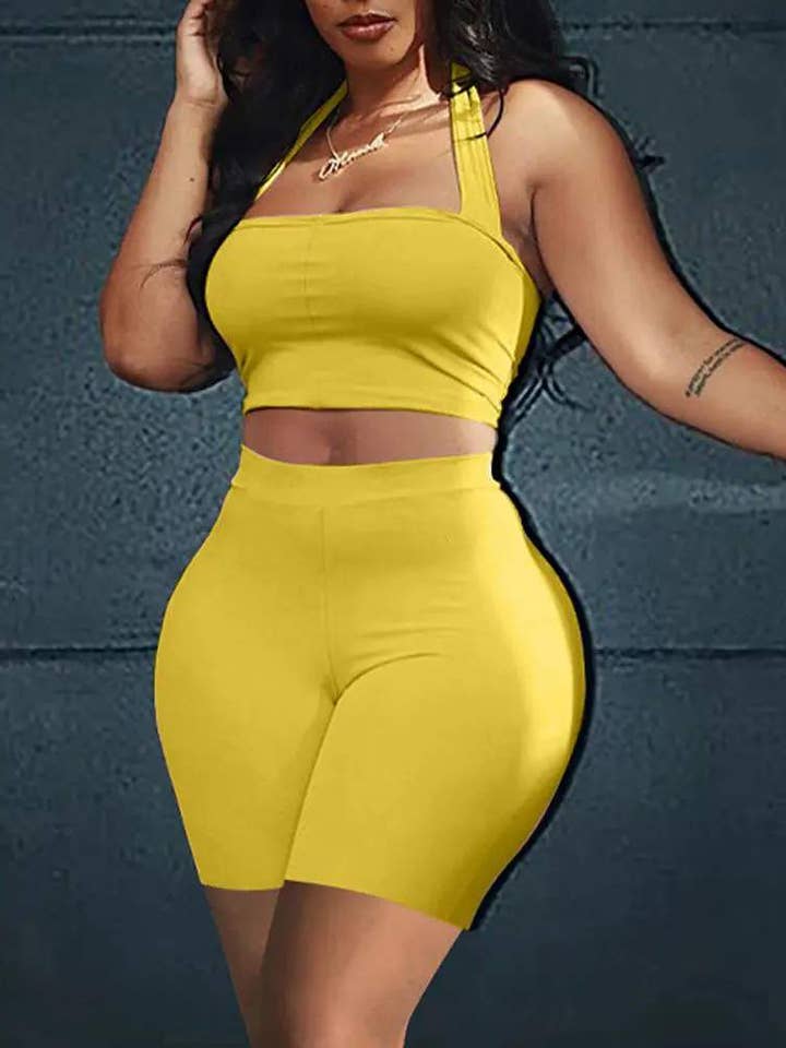 Flarix - Wholesale Activewear Set - Women's - halter backless crop top high waist shorts set7