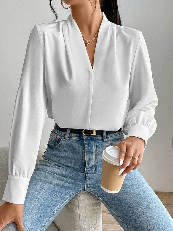 Sheer Trend - Vente Chemisier – femme - Blouses et chemises amples et plissées à manches longues, couleur unie, à joint fendu et col en V3