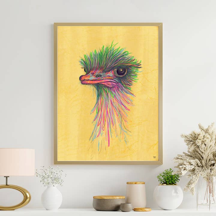 Olive The Ostrich Wall Art Print A4 and A3, Exotic Wall Art, Bird Art for wholesale by Baldy And The Fidget