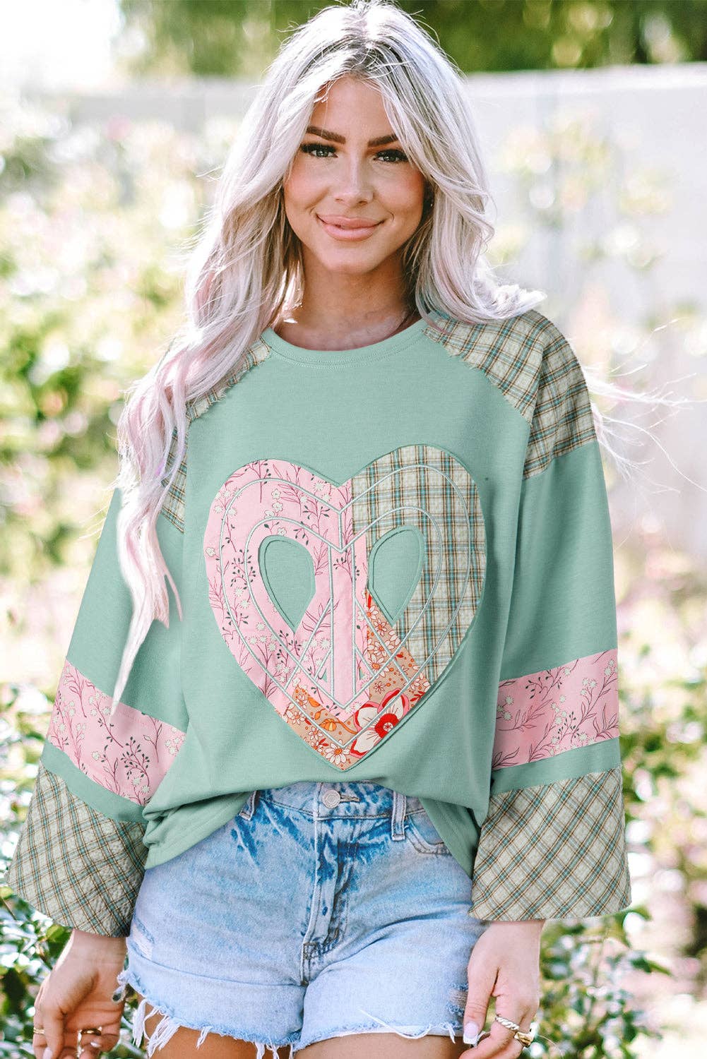 Suhkasana - Wholesale Knit Top - Women's - Plaid Floral Peace Heart Graphic Wide Long Sleeve Top6
