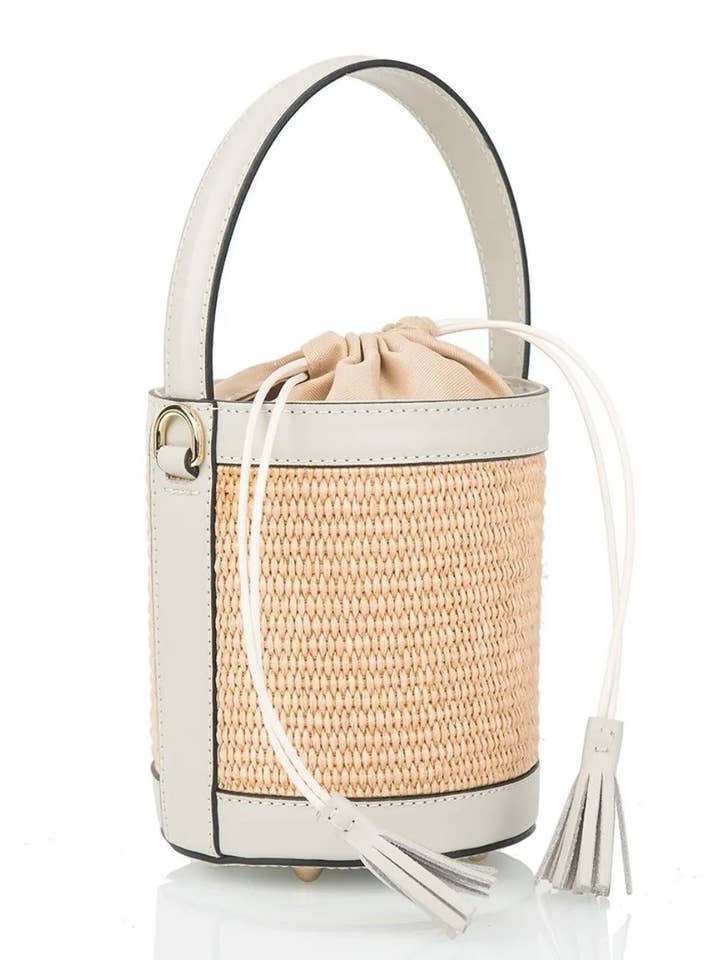 Borsa piccola in pelle e rafia Bonbon con chiusura a coulisse per la vendita all'ingrosso da parte di Two Amicis