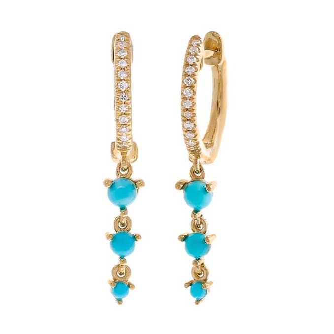 Diamond Pave X Turquoise Triple Drop Huggie Earring 14K for wholesale by By Adina Eden