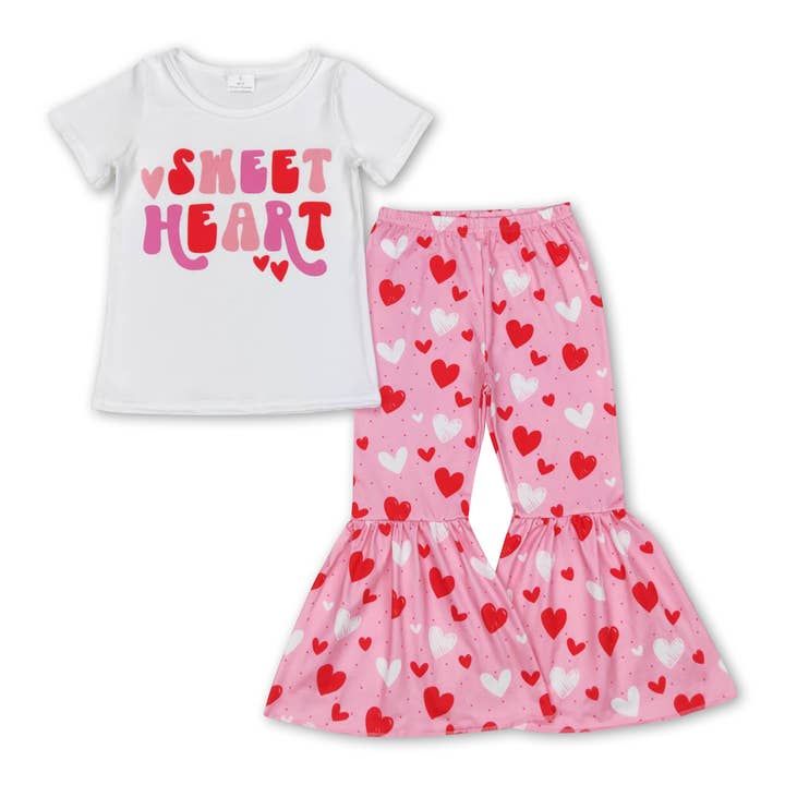 Sweet heart top bell bottom pants girls valentine's apparel for wholesale by Yawoo Garments