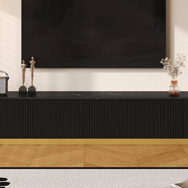 HOMYCASA DESIGN INC - Wholesale Console Table - ON-TREND Luxury Fluted TV Stand for TVs Up to 85', Faux Marble Tabletop Media Console with 4 Drawers, Curved Profile Design, Modern Entertainment Center with Gold Base for Living Room, Black12