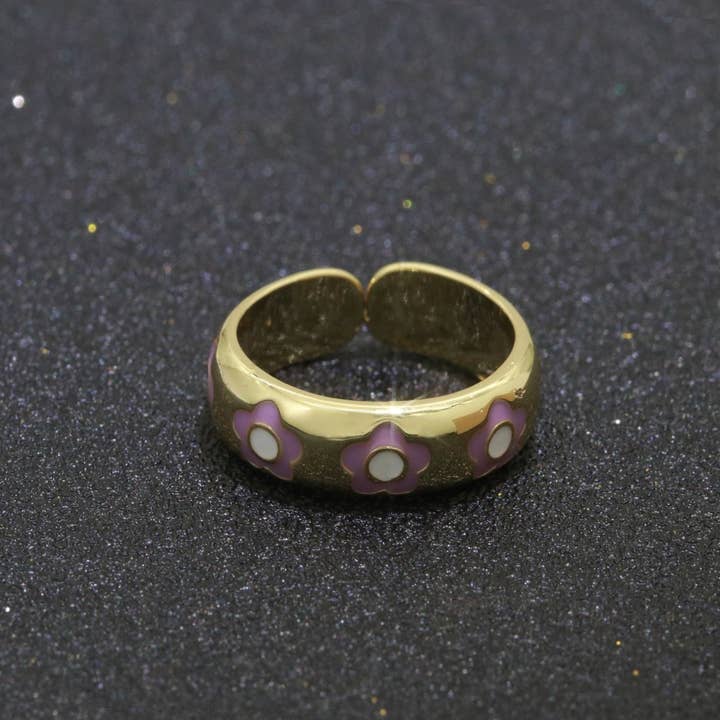 Aim Eternal – Anel de banda por atacado – Anel Ajustável Aberto com Margarida Dourada em Esmalte Joalharia Minimalista Empilhável Anel Midi S-021 ~ S-03019