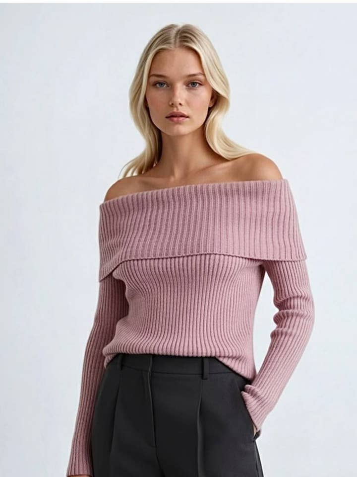 Off-shoulder Ribbed Sweater for wholesale by Anaz