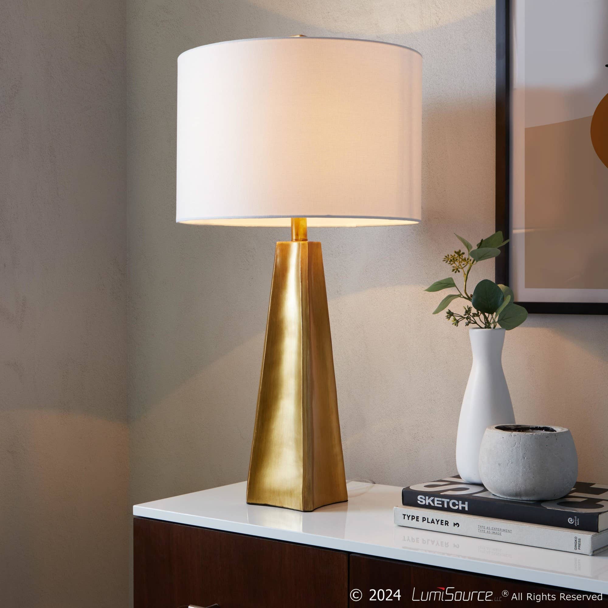 Gold Poyresin White Linen Pompeii 29" Polyresin Table Lamp for wholesale on Faire7