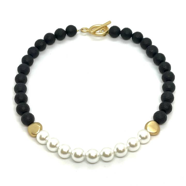 Deborah Grivas Designs - Wholesale Beaded/Pearl Necklace - Black Onyx Necklace With Front Glass Pearl and Gold Bead Accents