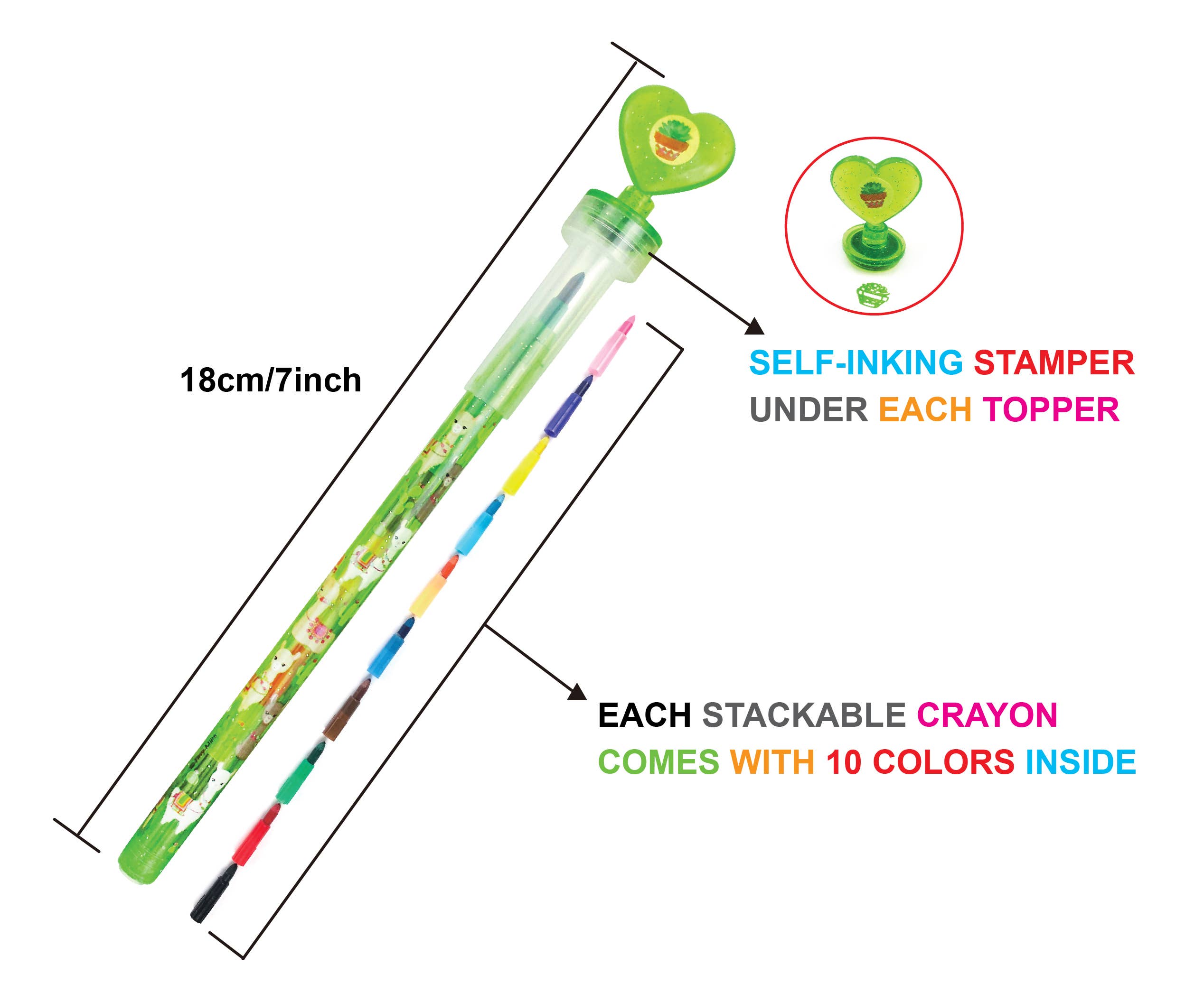 Tiny Mills – wholesale Crayons – Child & baby – Llamas Rainbow Stackable Crayon with Stamper Topper4