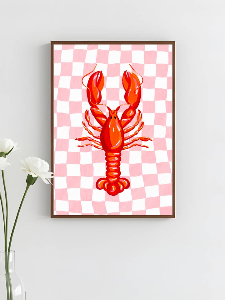 Red & Pink Checkered Lobster Art Print, Unframed for wholesale by HanVos Art