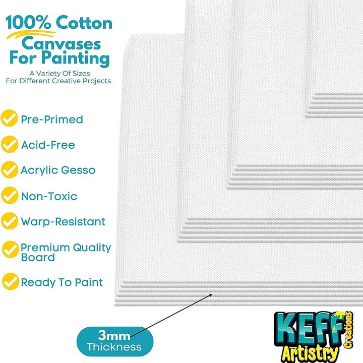 Keff Creations - Wholesale Painting Paper - Canvases for Painting - 24 Pack Art Paint Canvas Panels Set Boards - 5x7, 8x10, 9x12, 11x14 Inches 100% Cotton Primed Painting Supplies for Acrylic, Oil, Tempera & Watercolor Paint
