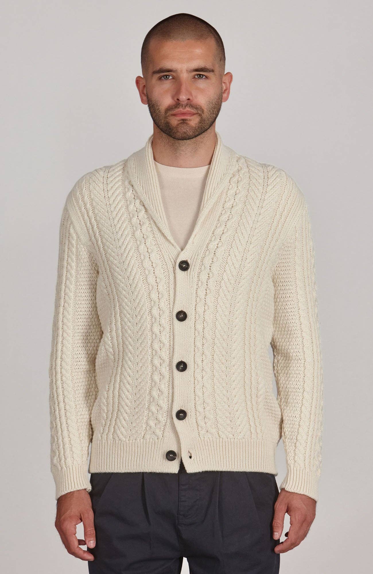 Paul James Knitwear - Wholesale Cardigan - Men's - Mens Chunky Merino Wool Shawl Collar Cable Cardigan1