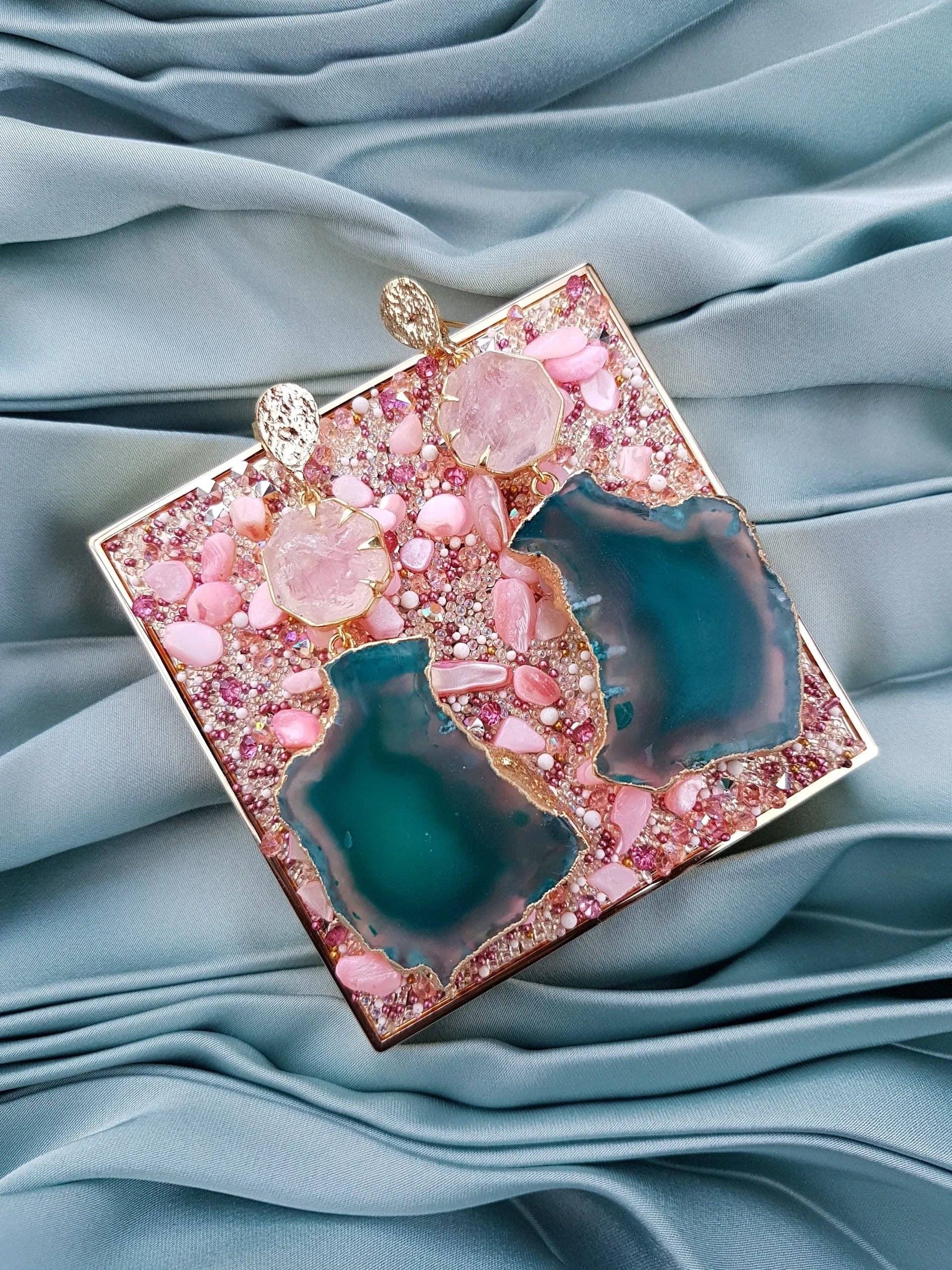 YAA YAA LONDON - Wholesale Dangle Earrings - YAA YAA LONDON 'Hold on' Rose Quartz Gemstone Statement Earrings - Green2