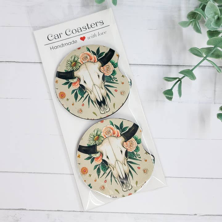 Boho Western Skull Floral Car Coasters for wholesale by The Purple Chickadee