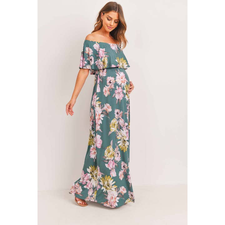 Hello Miz - Wholesale Dress - Maternity - Ruffle Off Shoulder Maternity Floral Maxi Dress