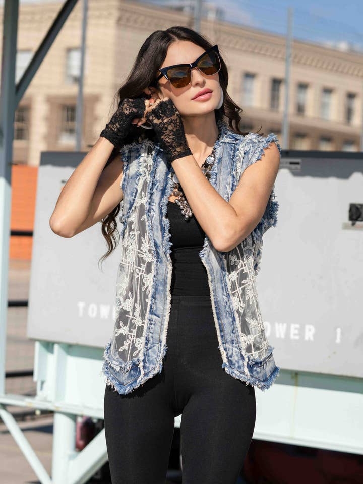 2620 Lace & Denim Sleeveless Vest for wholesale by Adore