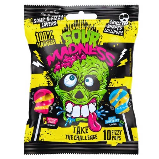 Limited Import - Sour Madness Original Lollipop 90g, 12ct for wholesale by Grandpa Joe's Candy Shop