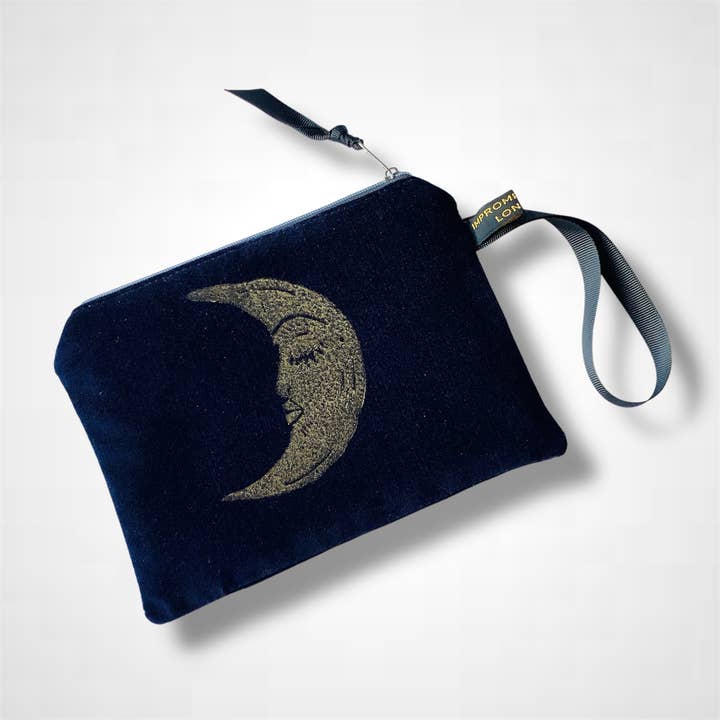 Midnight Blue Moon velvet zip-up pouch for wholesale by Raina Atelier