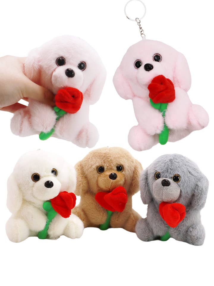 Rose Puppy Dog Fuzzy Stuffed Key Chain for wholesale by Cap Zone