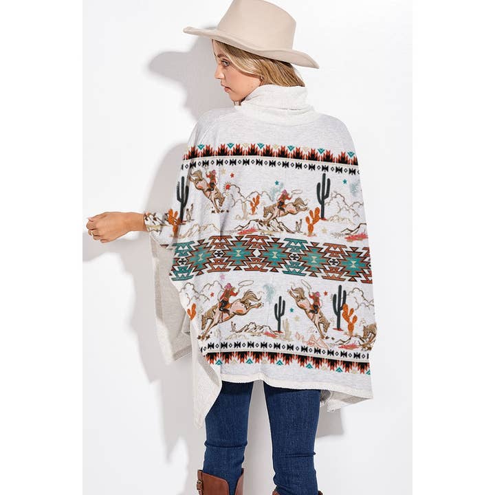 Phil Love - Venta al por mayor Poncho - Mujer - Poncho Rodeo Cowgirl con estampado azteca y cuello de tortuga