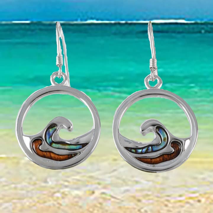 Genuine Large Koa Wood Abalone Ocean Wave Dangle Earring in Sterling Silver, E9486 Paradise Treasures Jewelry for wholesale by Paradise Treasures Jewelry