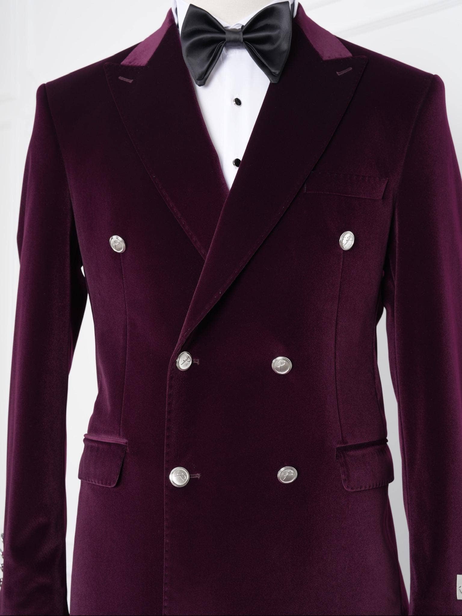 parez suits - Wholesale Tuxedo Jacket - Men's - Wine Velvet Double-Breasted Tuxedo with Signature Buttons9