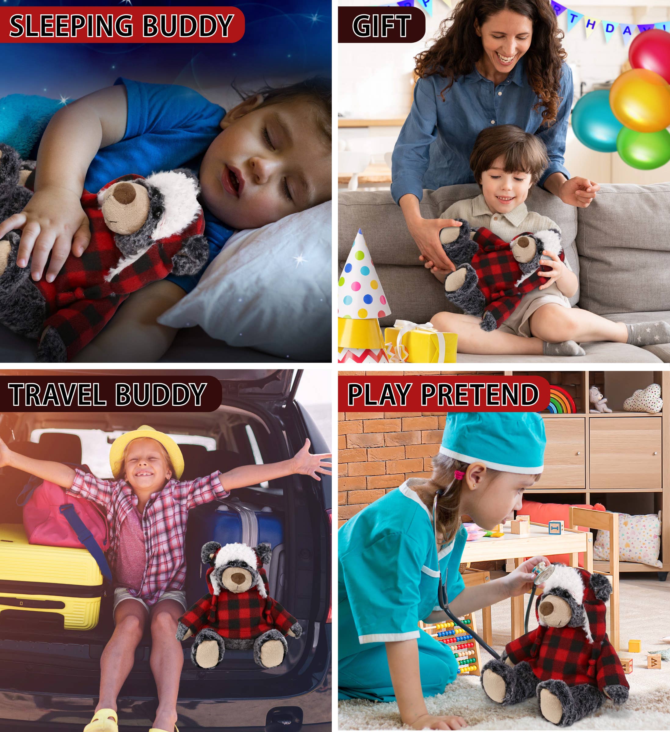 Cota Global - Vente Peluche – enfant et bébé - Super doux en peluche - Tenue à carreaux rouges - Ours noir3