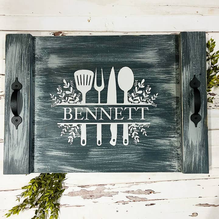 Family Name With Utensils Personalized FARMHOUSE TRAY DESIGN P2236 for wholesale by Paisley Grace Makery