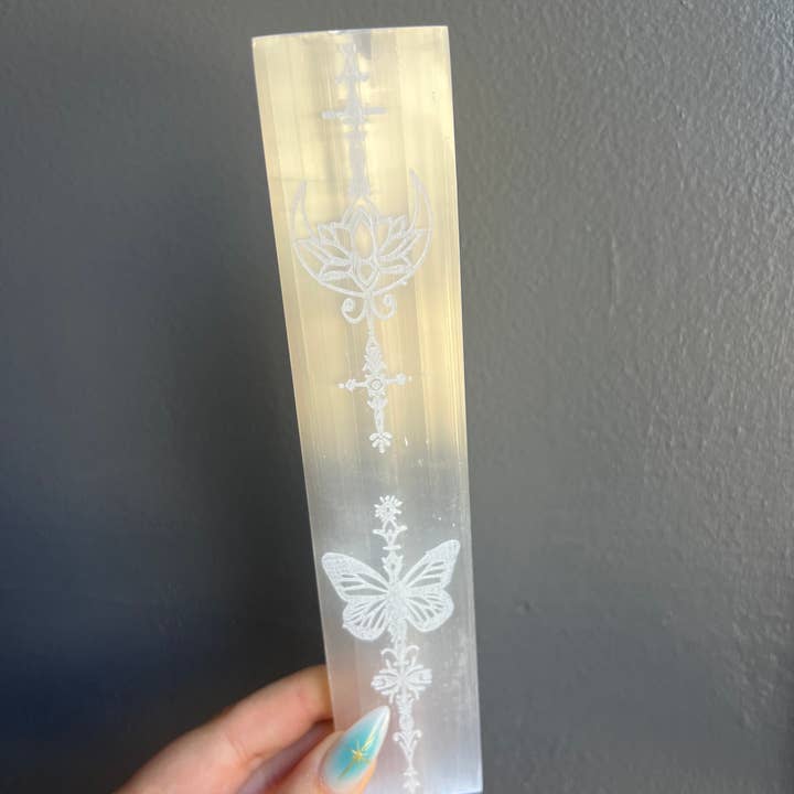 Sapphire & Sage - Wholesale Spiritual Stone/Crystal - Etched Selenite Butterfly Crystal Charging Bar