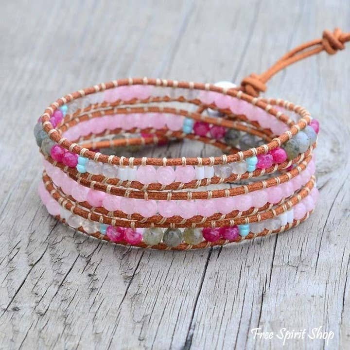 Natural Rose Quartz & Labradorite Beaded Wrap Bracelet for wholesale by Free Spirit Shop