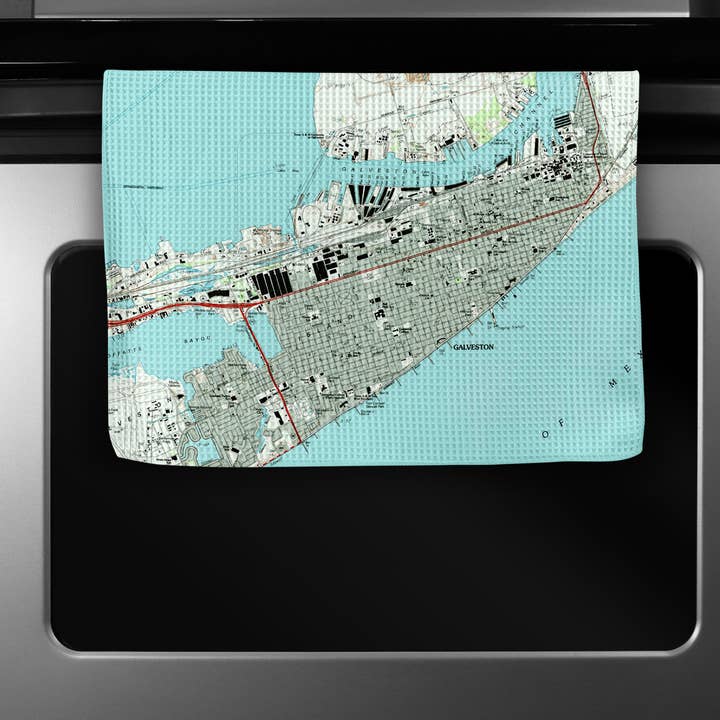 Daisy Mae Designs - Wholesale Tea Towel - Galveston Texas Map Waffle Weave Kitchen Towel Tea Towel