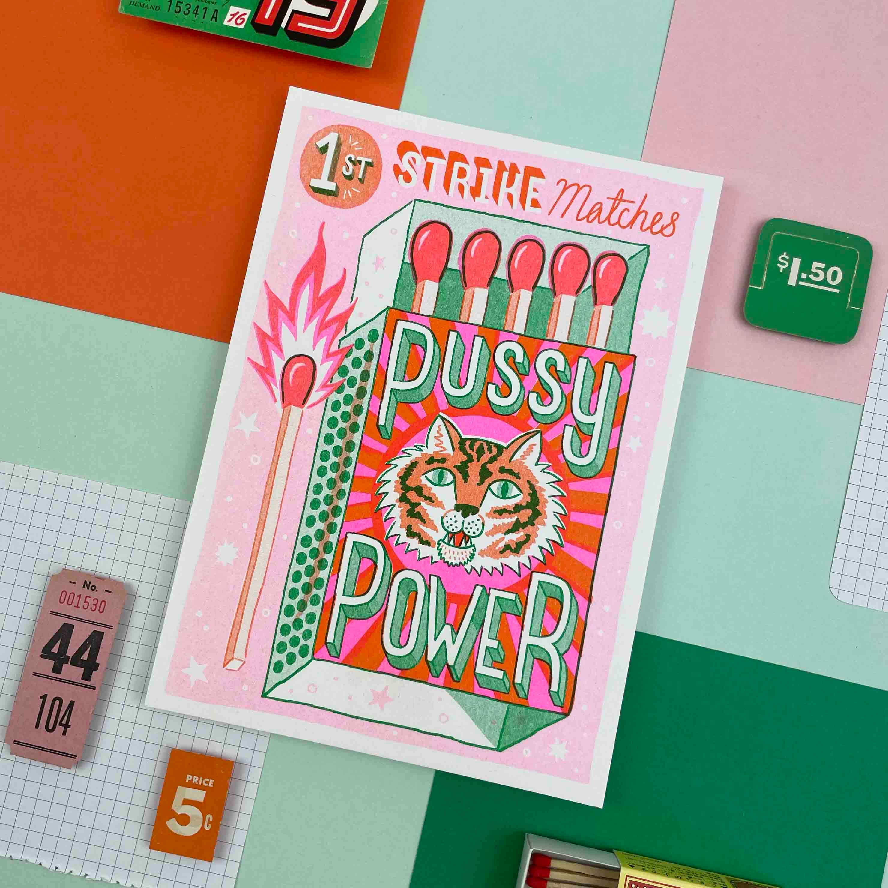 Jacqueline Colley - Wholesale Art Print - A5 Pussy Power Matchbox, Risograph Print3