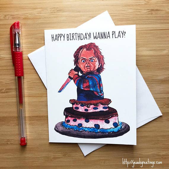Creepy Chucky Childs Play Birthday Card, Horror Movie Bday for wholesale by Yeaoh! Greetings
